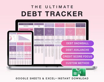 May include: A laptop and tablet display a debt tracker spreadsheet with pink and purple color scheme. The text "THE ULTIMATE DEBT TRACKER" is at the top. Below are options for debt management: "DEBT SNOWBALL", "DEBT AVALANCHE", "CREDIT SCORE FOCUS", and "CUSTOM METHOD".