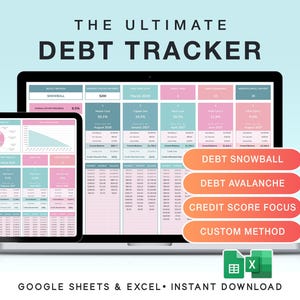Könnte beinhalten: Ein digitaler Schulden-Tracker, der auf einem Laptop und Tablet angezeigt wird. Die Oberfläche zeigt ein Tabellenlayout mit rosa, teal- und weißen Farbblöcken. Der Text "THE ULTIMATE DEBT TRACKER" steht oben. Schaltflächen: "DEBT SNOWBALL", "DEBT AVALANCHE", "CREDIT SCORE FOCUS".