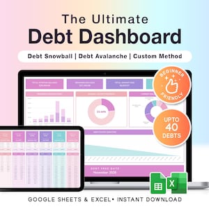 Puede incluir: Un portátil y una tableta muestran un panel de control de deuda con gráficos. El texto "The Ultimate Debt Dashboard" está en la parte superior. El panel incluye el texto "Beginner Friendly" y "Upto 40 Debts". El texto inferior dice "Google Sheets & Excel - Instant Download".