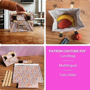 May include: A floral patterned lunch bag with black buckles and a handle. The bag is shown closed and open, revealing a banana and apple inside. The text "Miam!" is visible on the front. The image also shows the bag's components.