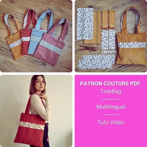 May include: A collection of corduroy tote bags in various colors: tan, red, and blue. Each bag features a floral patterned stripe and matching handles. The image also includes a sewing pattern with the text "PATRON COUTURE PDF ToteBag Multilingual Tuto Vidéo."
