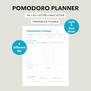 May include: A printable Pomodoro Planner, titled "POMODORO PLANNER", with sections for tasks, focus, and breaks. Available in A4, A5, Letter, and Half Letter sizes. The image also highlights "Light & Dark Mode" and "6 different file" options. The text is in black and light blue.