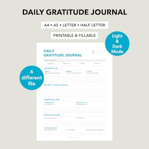 May include: A Daily Gratitude Journal template featuring sections for date, week, mood, energy, joy, and stress levels. It includes prompts for gratitude, free writing, affirmations, wins, challenges, and evening reflections in a clean layout.