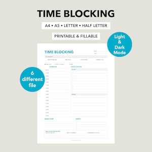 Könnte beinhalten: Ein druckbarer und ausfüllbarer Zeitplaner mit dem Titel "TIME BLOCKING". Der Planer enthält Abschnitte für die Planung, Aufgaben, Notizen und Gewohnheiten. Das Bild enthält auch den Text "A4 • A5 • LETTER • HALF LETTER" und "6 different file".