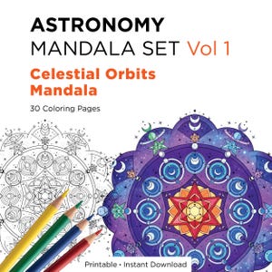 May include: A digital coloring book set titled ASTRONOMY MANDALA SET Vol 1 Celestial Orbits Mandala 30 Coloring Pages. The image displays a black and white line art mandala and a colored version featuring purple, red, and yellow hues.