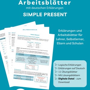 Presente semplice - Spiegazione in tedesco | Schede di lavoro ESL in inglese con soluzioni in PDF | Tempi verbali inglesi | Stampabile | Download immediato
