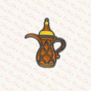 May include: A decorative pin badge in the shape of a traditional Arabic coffee pot. The pin has a brown body with a gold pattern, a yellow lid, and a silver outline. The pin is a miniature version of a classic coffee pot.