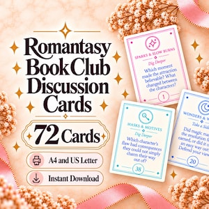May include: Romantasy Book Club Discussion Cards featuring 72 cards with prompts like Sparks & Slow Burns, Masks & Motives, and Wonders & Worlds. The set includes A4 and US Letter print options. The cards are white with coloured borders and text.