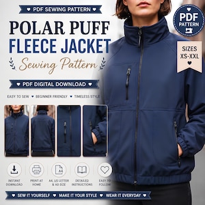 Cartamodello PDF per giacca in pile Polar Puff da donna, cartamodello per giacca unisex con cerniera, cappotto in pile Polar, PDF per principianti, cappotto trapuntato unisex