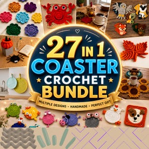 27-in-1 Crochet Coaster Pattern Bundle PDF, Animal Crochet Coasters, candle handler, fried egg Coaster, Instant Download