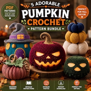 May include: A collection of five crocheted pumpkins including a witch house, a jack-o'-lantern with a glowing interior, a stacked trio of blue, yellow, and white pumpkins, a pink pumpkin with green leaves, and a dark green pumpkin with glowing eyes.
