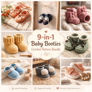 Häkelanleitungspaket für 9 Babyschuhe (PDF) | Häkelanleitung für Babyschuhe | Babyschuhe | Babyschuhe | Mary Jane Stiefel | Sofort-Download