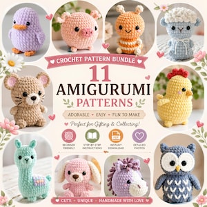 May include: A digital crochet pattern bundle featuring 11 amigurumi designs. The image displays finished plush toys including a purple duck, pink pig, orange bee, blue sheep, brown mouse, yellow chick, mint llama, pink dog, purple pony, and gray owl.