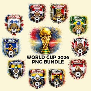 Puede incluir: Una colección de gráficos PNG coloridos de la Copa del Mundo 2026. La imagen presenta un trofeo dorado y escudos que representan a varios países, cada uno con un balón de fútbol y una mascota animal. El texto incluye "WORLD CUP 2026 PNG BUNDLE".