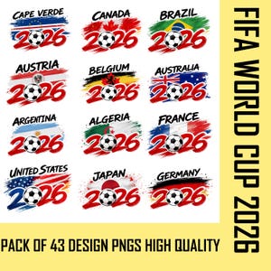 May include: A collection of designs featuring flags of various countries, a soccer ball, and the year 2026. The flags are painted with brushstrokes. Text includes "FIFA WORLD CUP 2026" and "PACK OF 43 DESIGN PNGS HIGH QUALITY".
