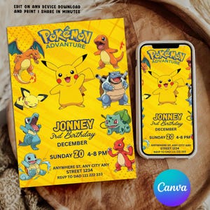 May include: Yellow Pokémon-themed birthday invitation and phone screen featuring Pikachu and other characters. The invitation includes the text "JONNEY 3rd Birthday" and event details. The phone screen displays the same design.