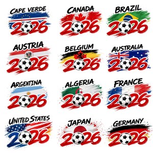 May include: A collection of soccer-themed designs featuring flags of various countries, a soccer ball, and the year 2026. Each design has a unique flag background with the country's name in bold text.
