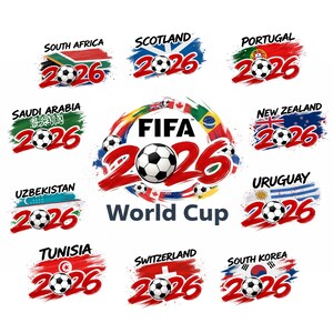 May include: A collection of soccer-themed graphics for the FIFA World Cup 2026. Each graphic features a soccer ball, the year 2026, and a country's flag, including South Africa, Scotland, Portugal, Saudi Arabia, New Zealand, Uzbekistan, Uruguay, Tunisia, Switzerland, and South Korea.