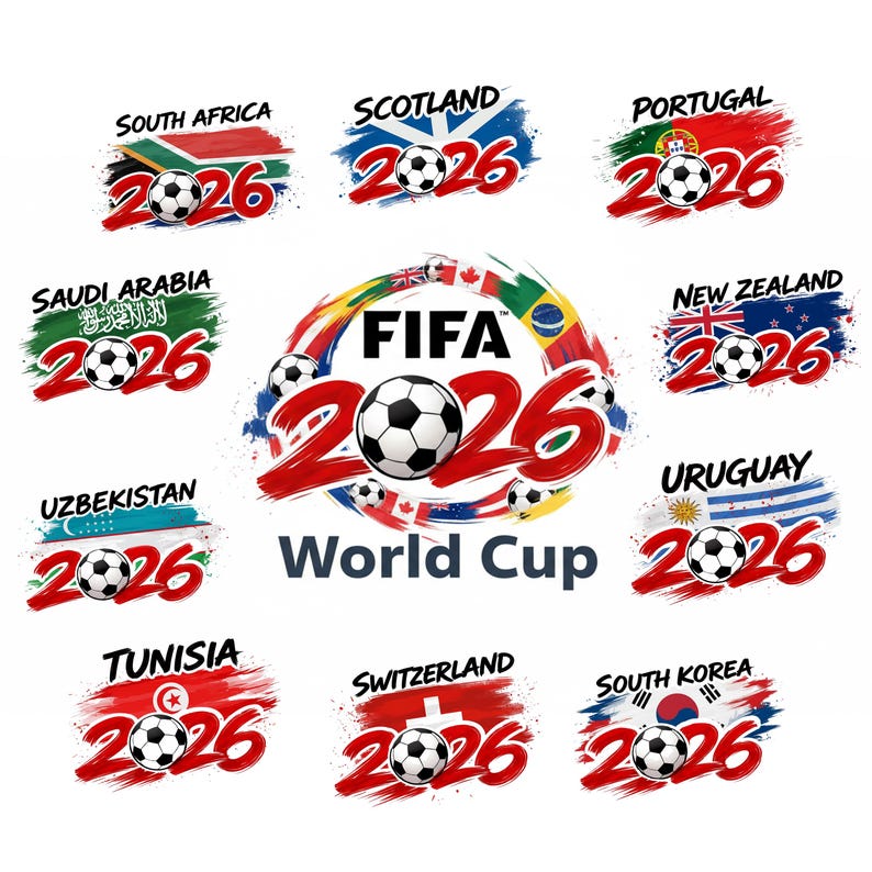May include: A collection of soccer-themed graphics for the FIFA World Cup 2026. Each graphic features a soccer ball, the year 2026, and a country's flag, including South Africa, Scotland, Portugal, Saudi Arabia, New Zealand, Uzbekistan, Uruguay, Tunisia, Switzerland, and South Korea.