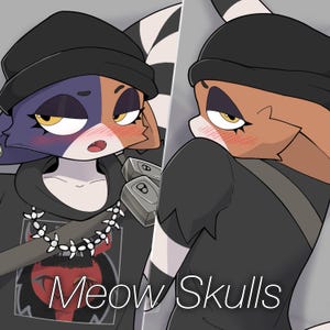 Könnte beinhalten: Eine digitale Illustration einer katzenartigen Figur namens Meow Skulls, die eine schwarze Mütze und einen schwarzen Kapuzenpullover mit einem Grafikdruck einer roten Teufelsfigur trägt. Die Figur hat mehrfarbiges Fell, gelbe Augen und einen gestreiften Schwanz.