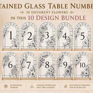 Puede incluir: Un conjunto de diez números de mesa arqueados con diseños de vidrieras en blanco y negro e ilustraciones florales. Cada tarjeta muestra una flor única y un número del uno al diez. El texto dice Stained Glass Table Numbers.