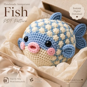 Söt virkat amigurumimönster för blåsfisk i PDF-format, handledning för kawaii-blåsfiskplyschleksak, virkmönster för havsdjur, fars dag-present till honom