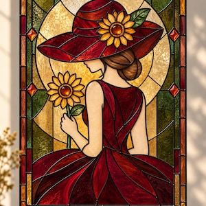 Könnte beinhalten: Ein rechteckiges Buntglasfenster mit einer Person in einem dunkelroten Kleid und einem passenden breitkrempigen Hut, der mit einer gelben Sonnenblume verziert ist. Die Person hält eine Sonnenblume vor einem goldenen Hintergrund.