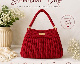 May include: A red crochet shoulder bag with a textured ribbed pattern and a single handle attached by gold-tone hardware. A small rectangular label reading TERESA BAG is centered on the front. The text includes Teresa Shoulder Bag, 11.8 in x 9.1 in.