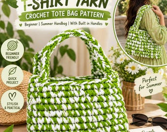 May include: A crochet tote bag made from chunky green and white t-shirt yarn with built-in handles. The text on the image reads Easy Chunky T-Shirt Yarn Crochet Tote Bag Pattern, Beginner, Summer Handbag, With Built in Handles, and Good Vibes Only.