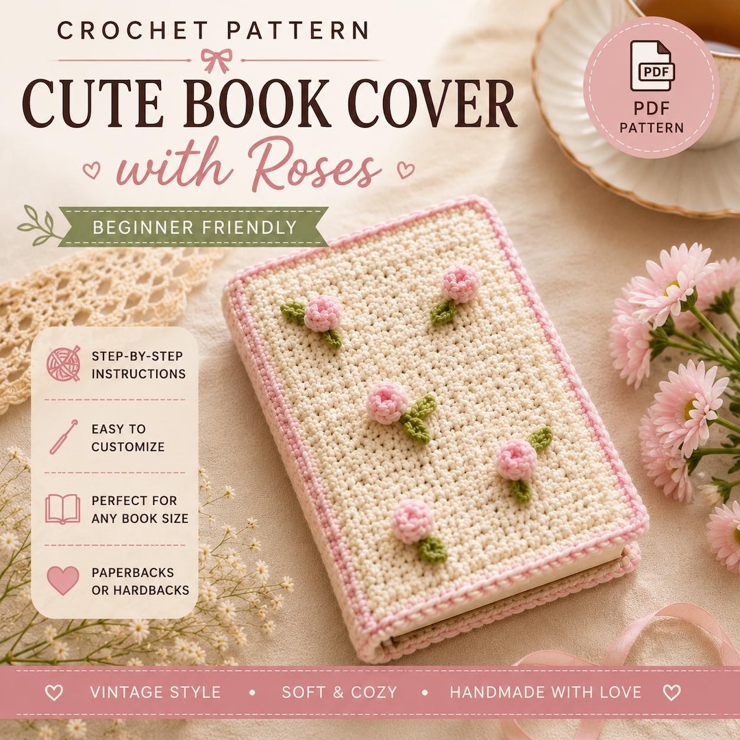 Vintage Crochet Book Cover Pattern PDF Beginner Journal Sleeve Cozy ...