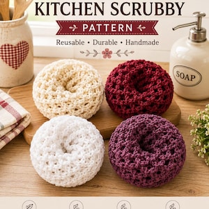 Peut inclure: Un modèle de crochet pour éponge de cuisine avec le texte EASY ROLL-UP Crochet KITCHEN SCRUBBY PATTERN. Quatre éponges rondes et texturées en crème, rouge foncé, blanc et violet sont présentées avec un distributeur de savon et des cuillères.