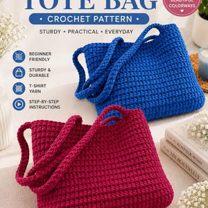 May include: A crochet pattern for a tote bag made with t-shirt yarn, featuring text that reads Beginner Friendly, T-Shirt Yarn Tote Bag, Crochet Pattern, Sturdy, Practical, Everyday, and 2 Beautiful Colorways, with blue and magenta bags.