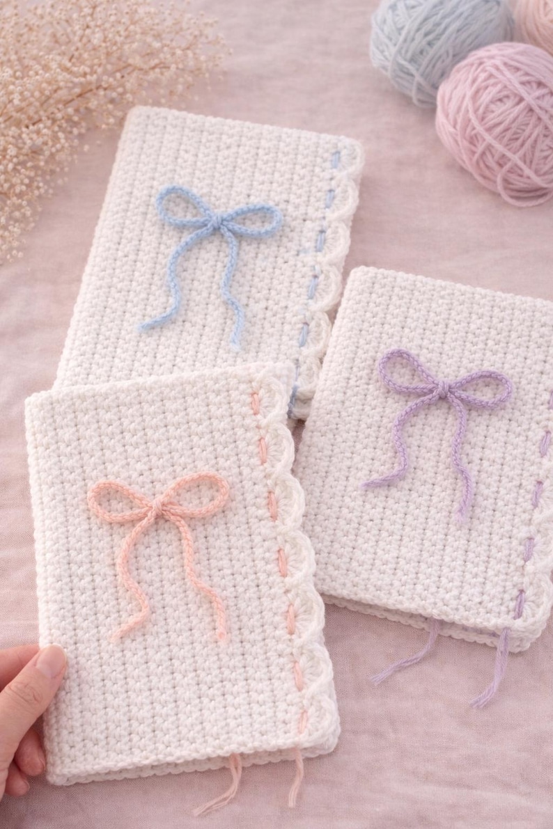 May include: Three white crocheted book covers with decorative bows in pastel colors: blue, pink, and purple. Each cover has a scalloped edge with matching thread accents. Yarn balls in pastel colors are in the background.