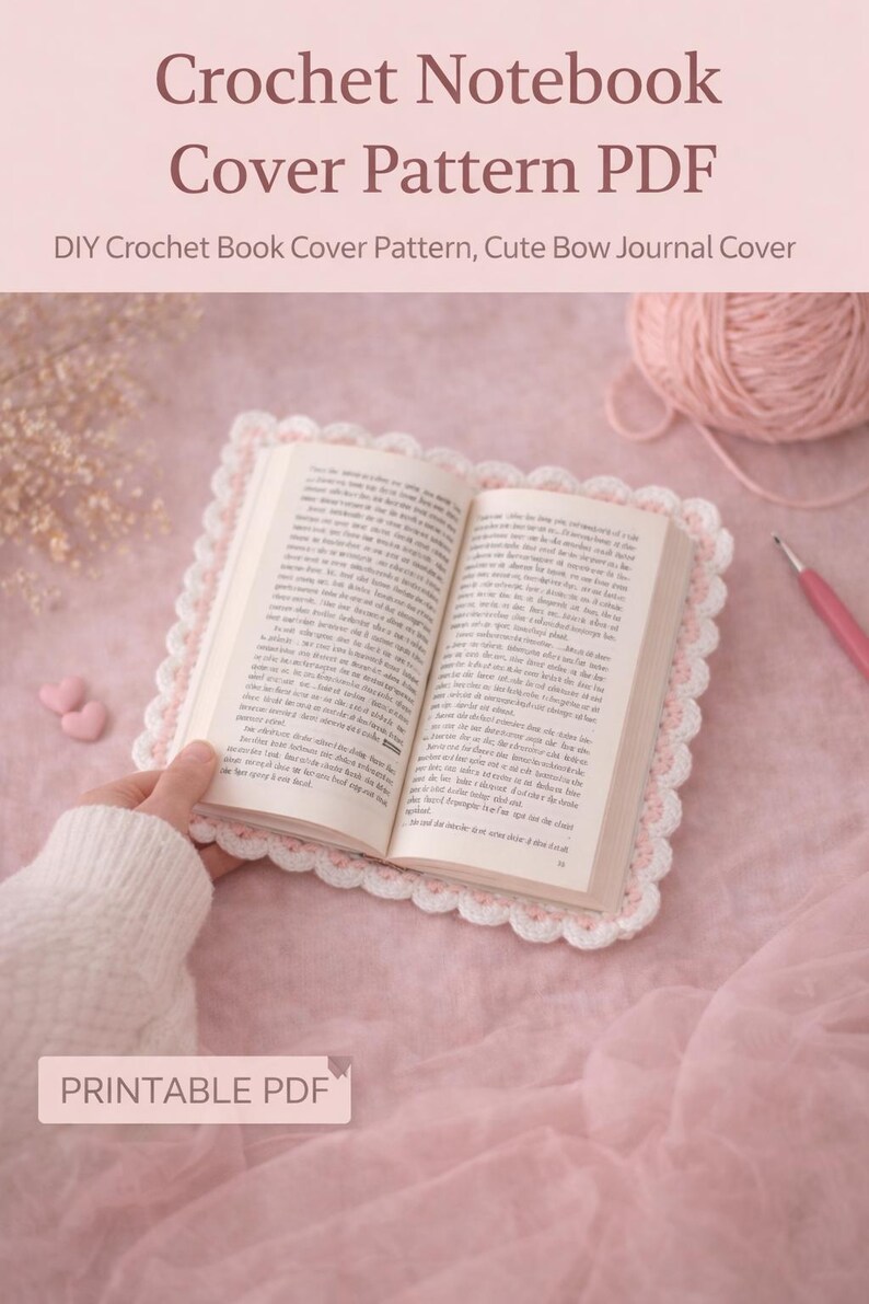 May include: A crochet book cover pattern PDF with the text "Crochet Notebook Cover Pattern PDF". The open book is surrounded by a white and pink crocheted border. A ball of pink yarn and a crochet hook are also visible.