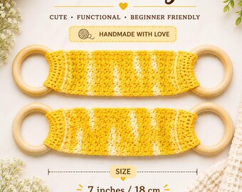 May include: Two crochet towel hangers featuring yellow and white variegated yarn attached to smooth wooden rings. The text reads EASY CROCHET Towel Hangers, CUTE FUNCTIONAL BEGINNER FRIENDLY, HANDMADE WITH LOVE, and SIZE 7 inches / 18 cm (Length without rings).