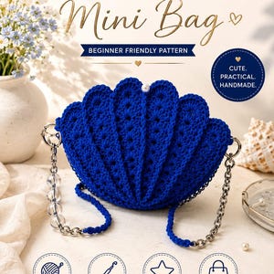 Patrón de bolso de concha a crochet, mini bolso de punto de concha en PDF, lindo patrón de bolso de mano a crochet, tutorial fácil para principiantes para crear un bolso de concha.
