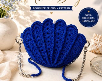 May include: A royal blue crochet mini bag shaped like a seashell, featuring a single white pearl closure, a silver chain strap with clear beads, and text reading Easy Crochet Shell Stitch Mini Bag, Beginner Friendly Pattern, Cute Practical Handmade.