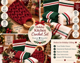 May include: A holiday kitchen crochet set featuring a red towel holder with a wooden ring, and several dishcloths and washcloths in red, white, and green striped patterns. The items are displayed in a woven basket with festive decorations.