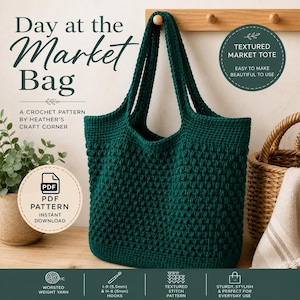May include: A dark teal crocheted market bag with a textured stitch pattern. The bag has two long handles and is hanging on a wooden peg. Text on the image reads "Day at the Market Bag" and "Textured Market Tote". A PDF pattern is available.