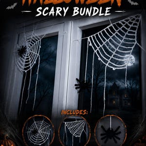 May include: A Halloween scary bundle featuring white crochet spider webs and black spiders. The set includes a round crochet web, a corner crochet web, and a spider pattern. The text reads HALLOWEEN SCARY BUNDLE and INCLUDES: CROCHET ROUND WEB, CROCHET CORNER WEB, SPIDER PATTERN.