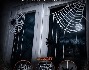 May include: A Halloween scary bundle featuring white crochet spider webs and black spiders. The set includes a round crochet web, a corner crochet web, and a spider pattern. The text reads HALLOWEEN SCARY BUNDLE and INCLUDES: CROCHET ROUND WEB, CROCHET CORNER WEB, SPIDER PATTERN.