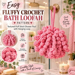 Enkelt virkat badluffamönster, fluffig duschpuff i PDF-format, Puff Stitch Scrubbie, återanvändbart spabadprojekt