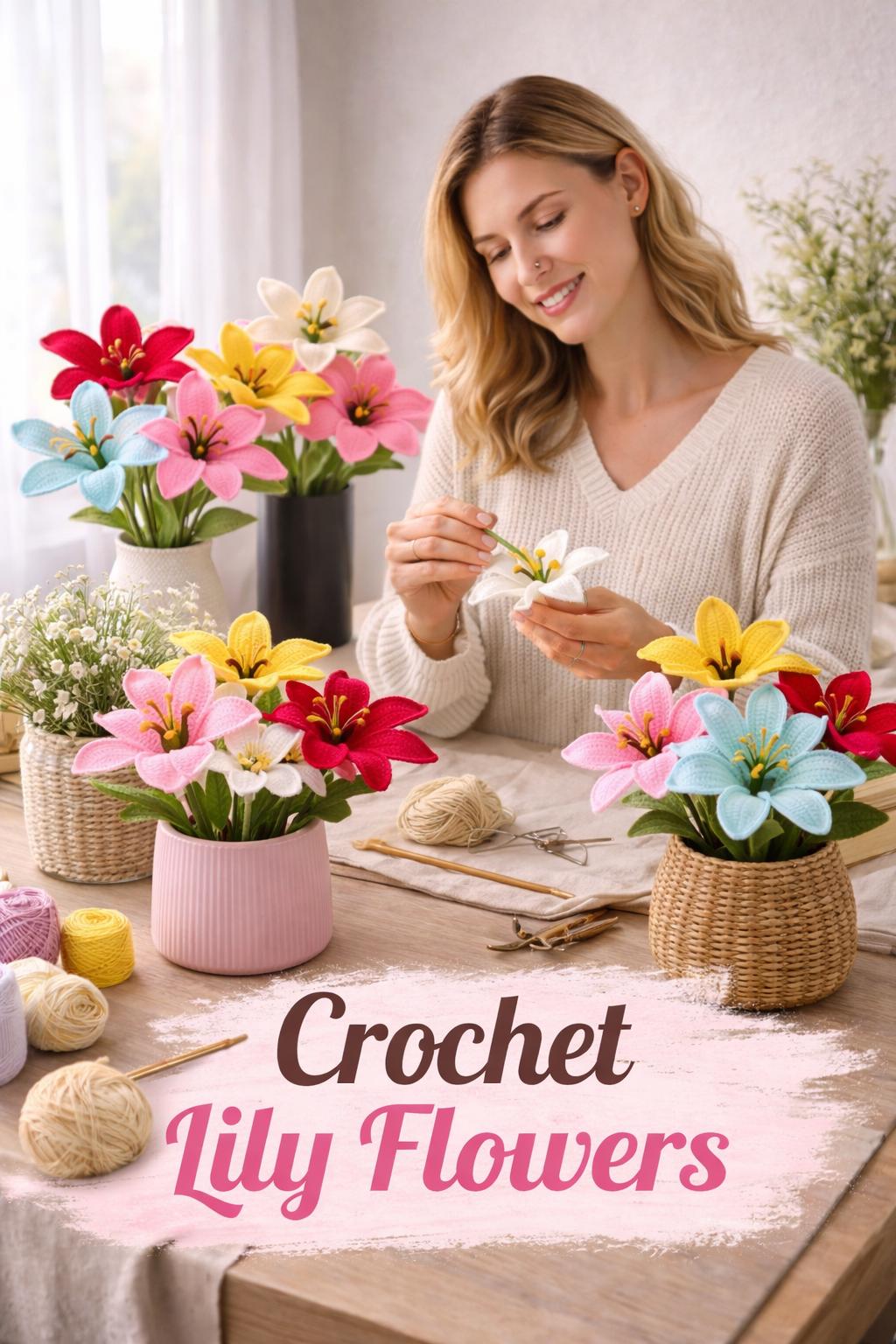 Realistic Lily Flower Crochet Pattern with Stem and Leaves