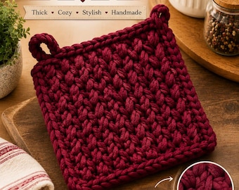 May include: A square, deep red crochet pot holder featuring a thick, textured stitch pattern and two small loops at the top corners. The image includes text reading Puffy Pot Holder Crochet Pattern, Thick, Cozy, Stylish, Handmade, and Puffy & Thick Stitch.