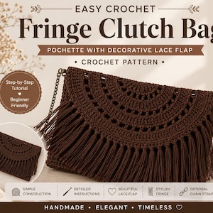 Crochet Clutch Bag Pattern, Fringe Purse Pattern PDF, Boho Envelope Pochette with Lace Flap, Easy Crochet Bag Tutorial, Instant Download