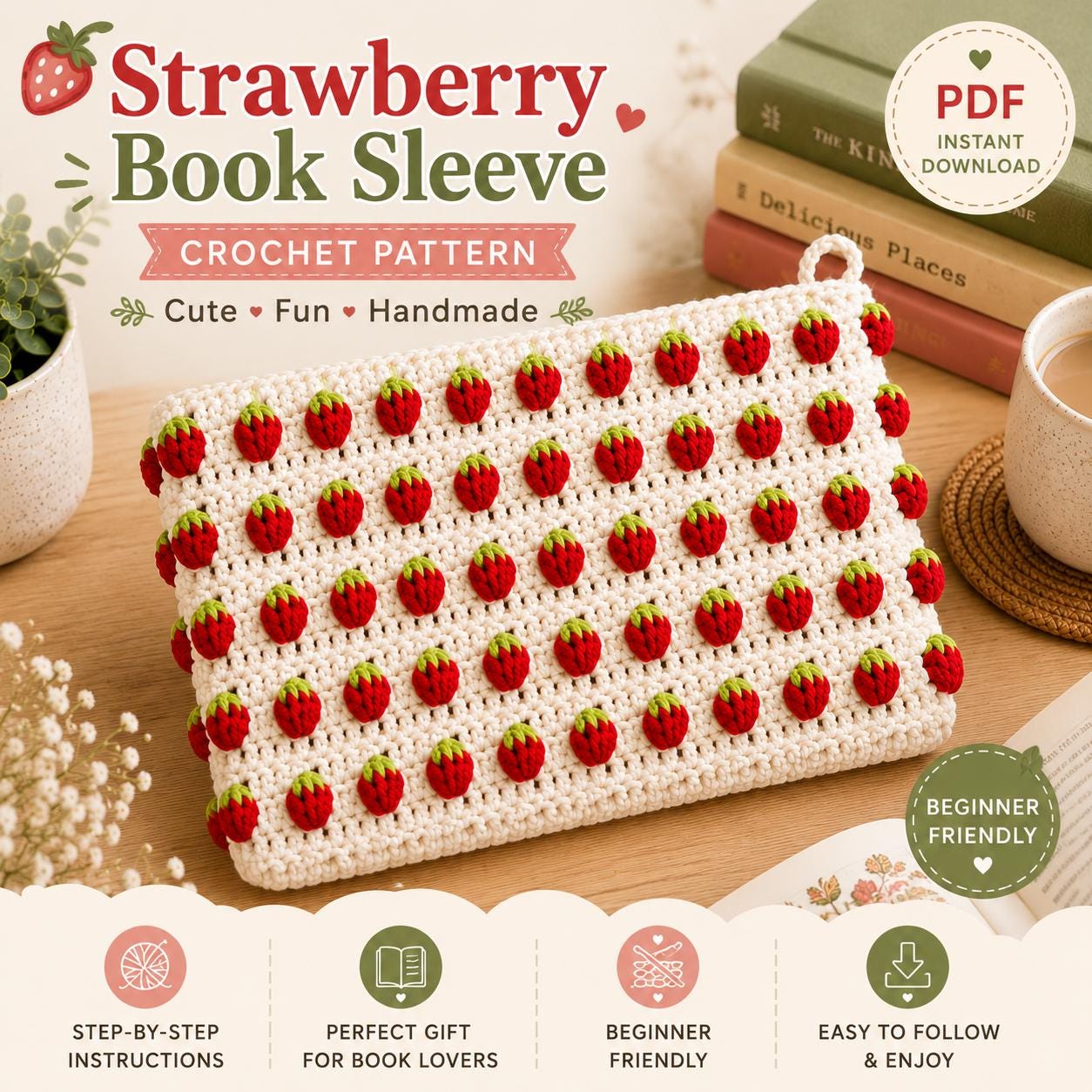 30 Book Sleeve Crochet Patterns for Stylish, Protective Handmade Reading Accessories 13 Strawberry Book Sleeve Crochet Pattern PDF