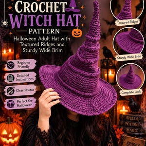 Puede incluir: Un sombrero de bruja de ganchillo morado con una corona alta y puntiaguda y un ala circular ancha. El sombrero presenta una superficie texturizada con crestas. El texto en la imagen dice Whimsical Crochet Witch Hat Pattern y Spooky Season.