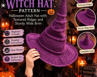 May include: A purple crochet witch hat with a tall, pointed crown and a wide, circular brim. The hat features a textured, ridged surface throughout. Text on the image reads Whimsical Crochet Witch Hat Pattern, Halloween Adult Hat, and Spooky Season.