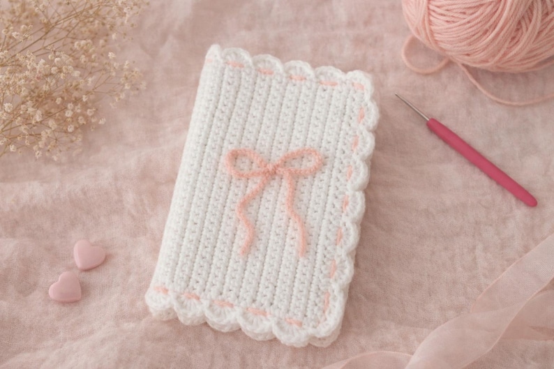 May include: A white crocheted blanket with a pink bow and scalloped edges. A pink crochet hook and a ball of pink yarn are also visible. The blanket is on a pink surface.