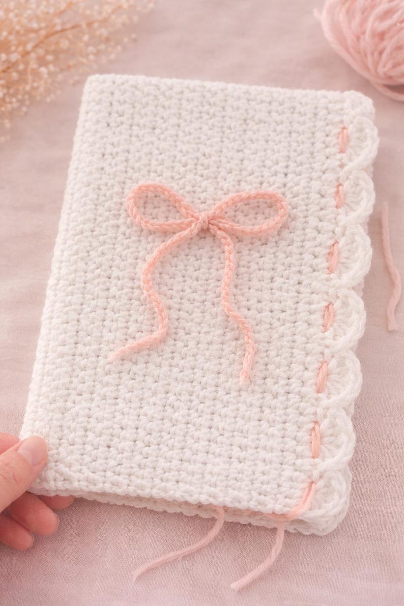May include: A handmade, white crochet notebook cover with a delicate pink bow and scalloped edge. The cover is crafted with a tight stitch, and the bow adds a touch of elegance. The pink accents complement the neutral white, creating a soft, feminine aesthetic.